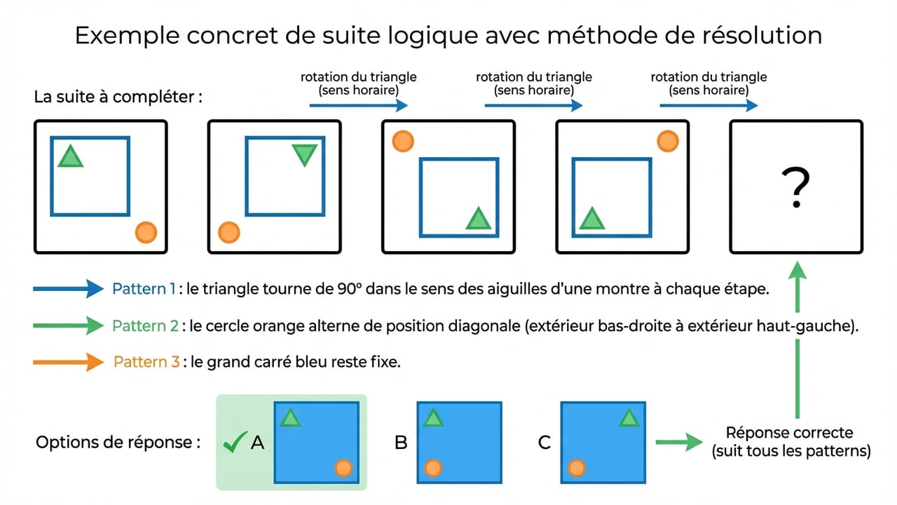 Exemple visuel d'une suite de figures géométriques à compléter avec annotations explicatives montrant la logique de résolution étape par étape