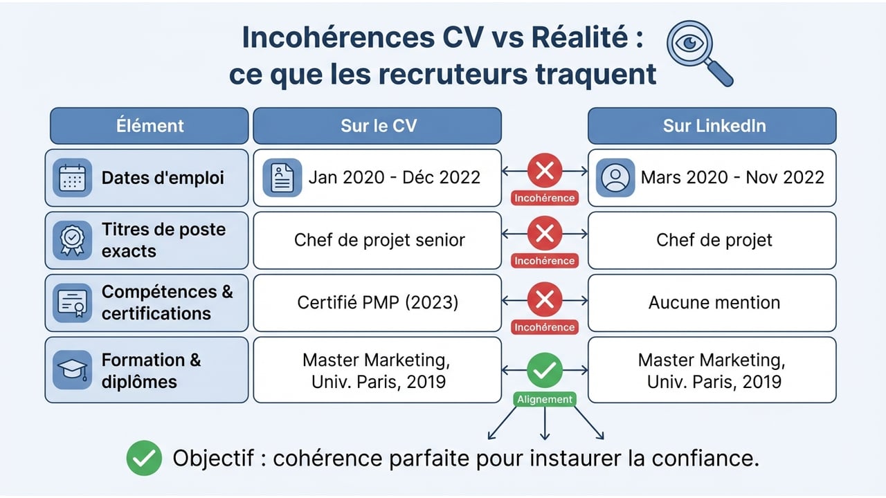 Tableau comparatif montrant les points de vigilance entre un CV, un profil LinkedIn et la réalité (dates, titres de postes, certifications).