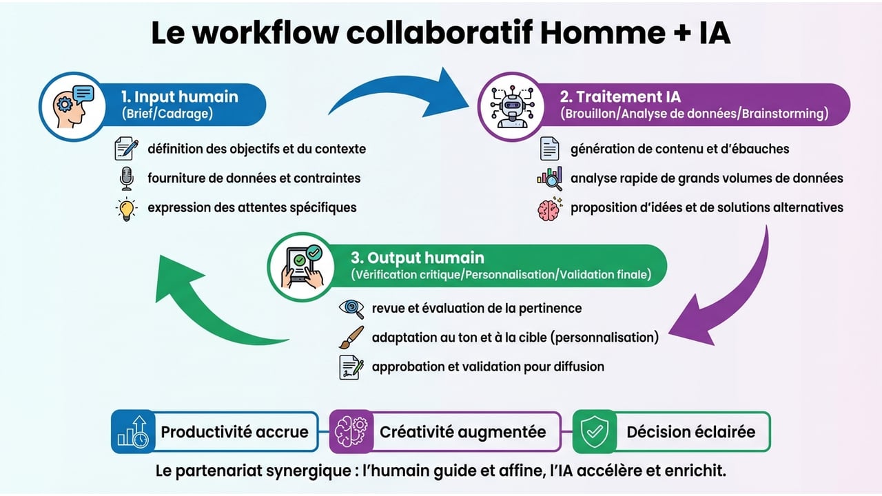 Infographie illustrant l'utilisation de l'IA comme assistant plutôt que remplaçant dans les tâches quotidiennes.