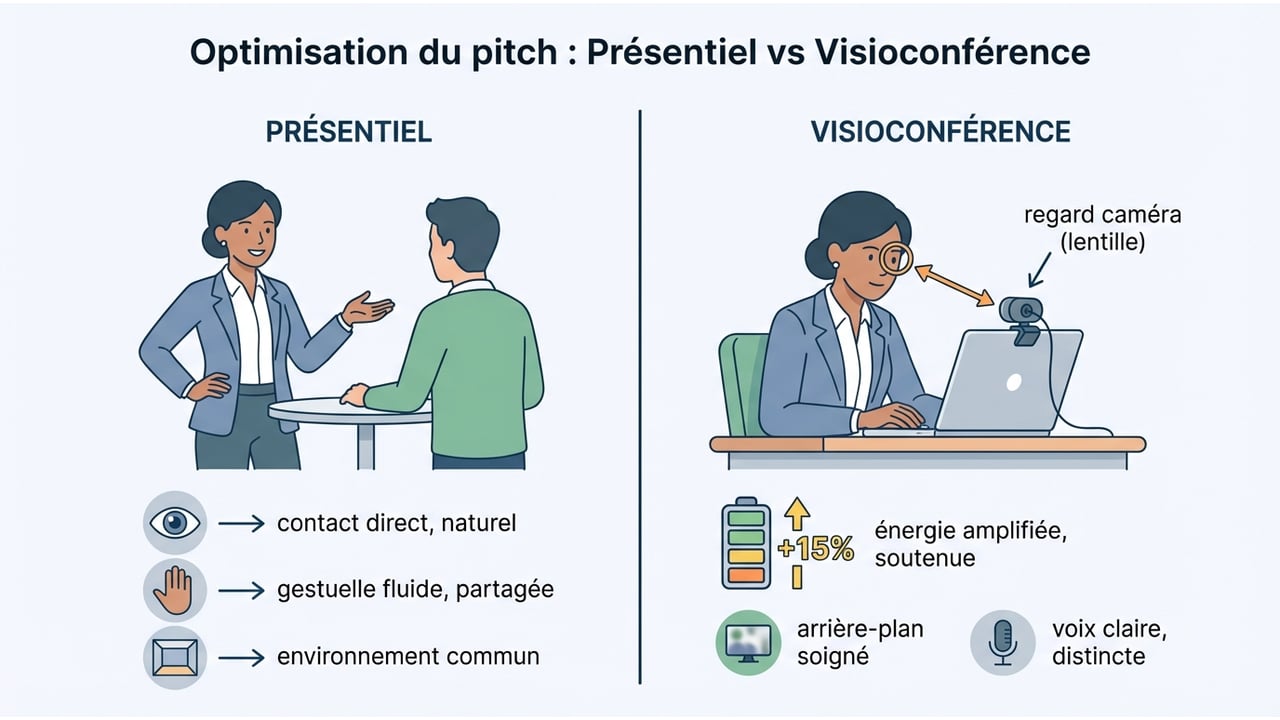Tableau comparatif montrant les différences de contact visuel, de gestion du décor et d'intensité énergétique entre réel et vidéo.