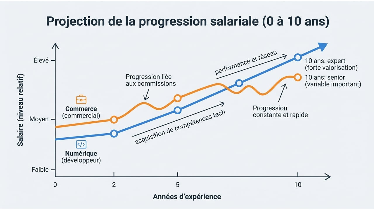 Graphique montrant l'évolution du salaire pour un développeur web et un commercial B2B sur 10 ans de carrière.
