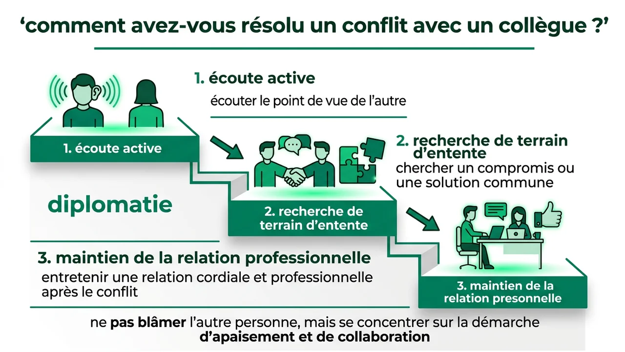 Schéma de processus en trois étapes : écoute, compromis, et professionnalisme.