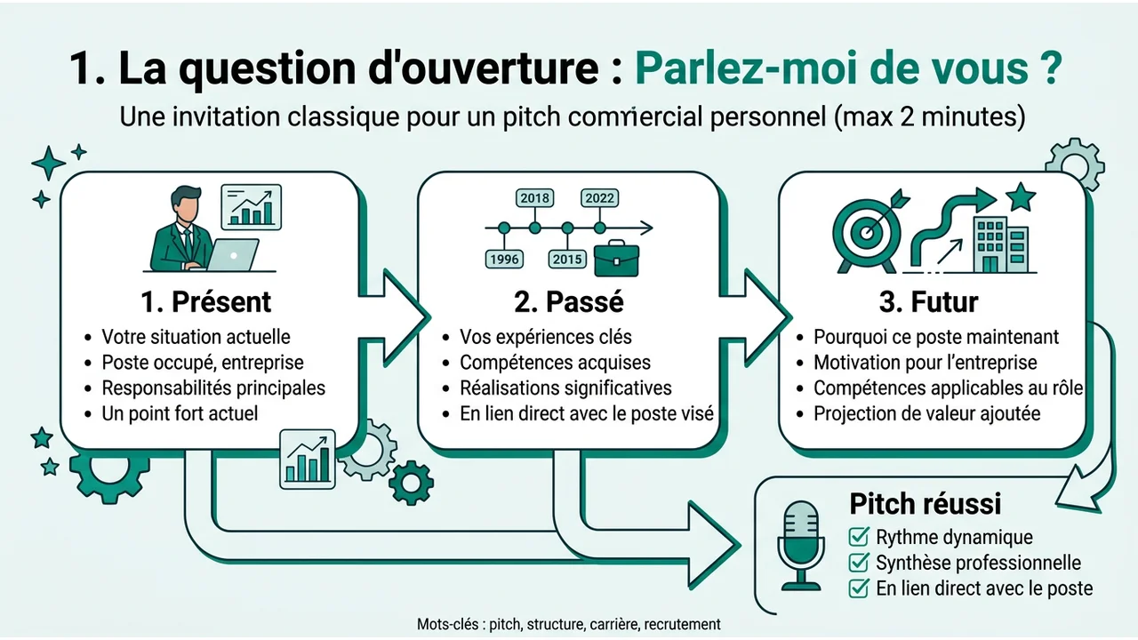 Schéma logique montrant l'enchaînement : situation actuelle, compétences passées, et projet futur.