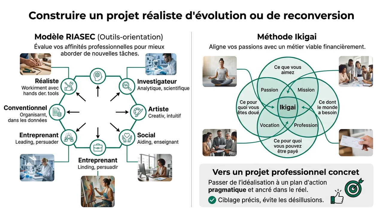 Représentation visuelle des modèles RIASEC et Ikigai pour l'alignement professionnel.