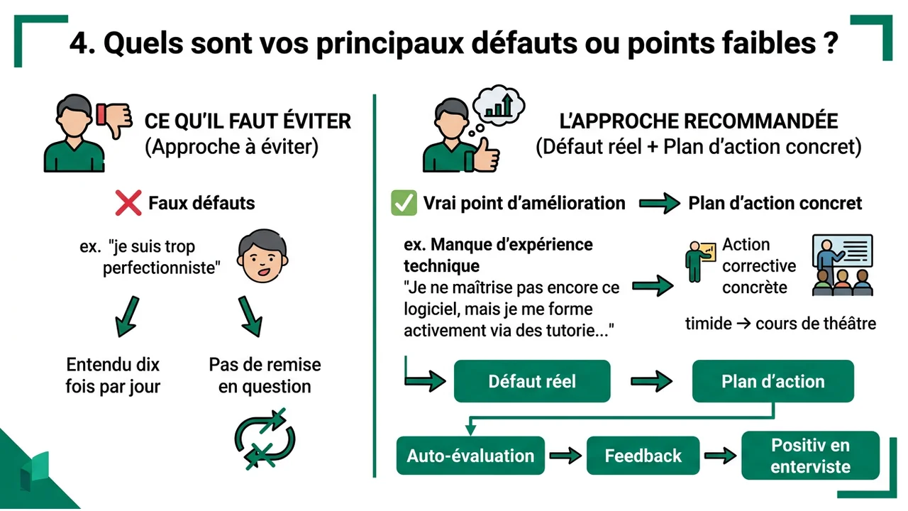 Comparaison entre une mauvaise réponse (faux défaut) et une réponse constructive (vrai défaut avec action corrective).