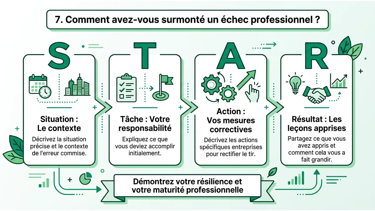 Infographie pédagogique expliquant les 4 étapes de la méthode STAR : Situation, Tâche, Action et Résultat.