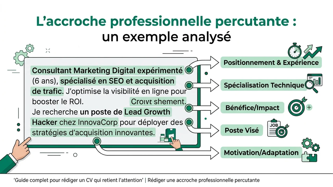 Schéma décomposant les trois piliers d'une bonne accroche : titre du poste, expertise clé et proposition de valeur.