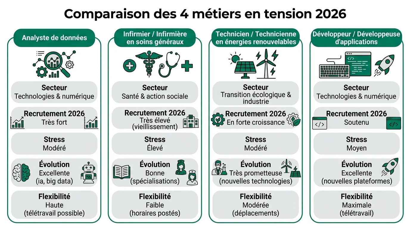 Comparaison des 4 métiers en tension 2026