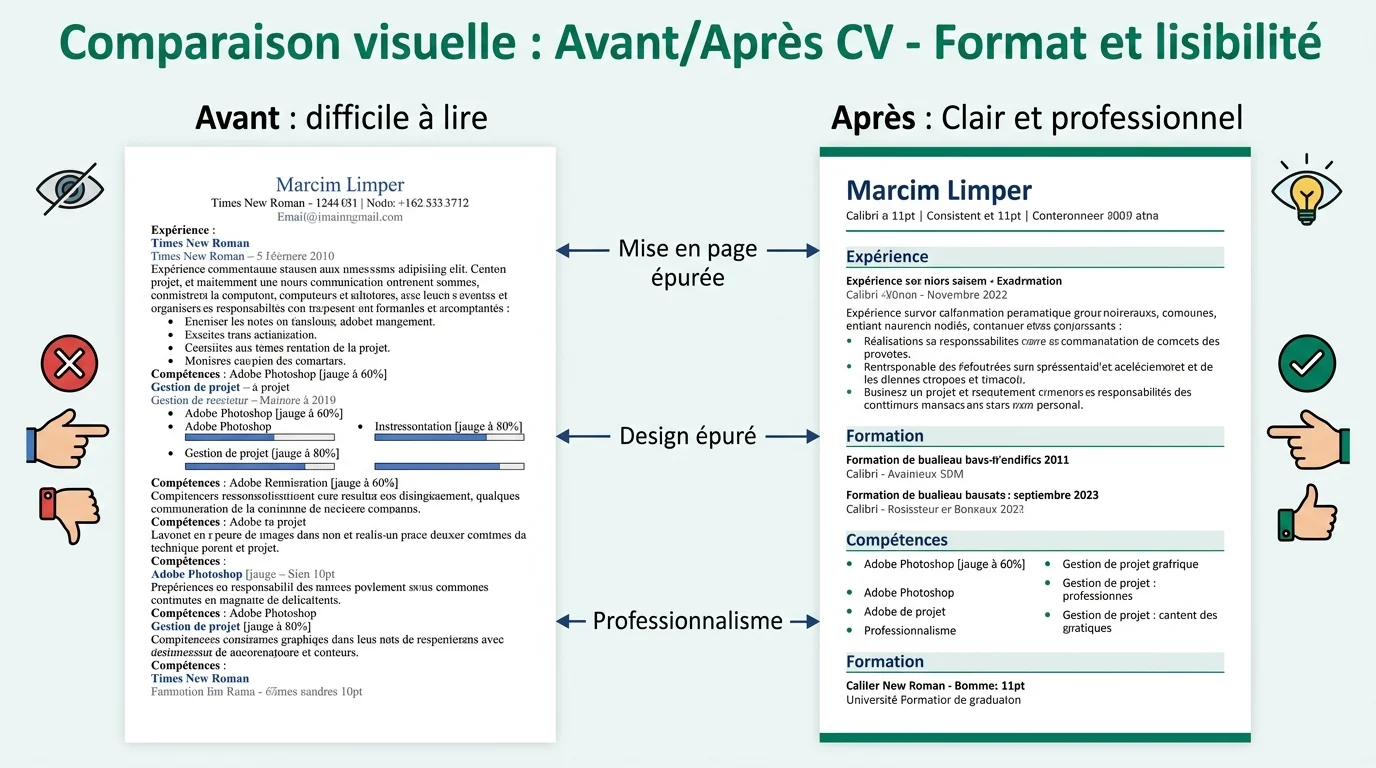 Comparaison visuelle : Avant/Après CV - Format et lisibilité