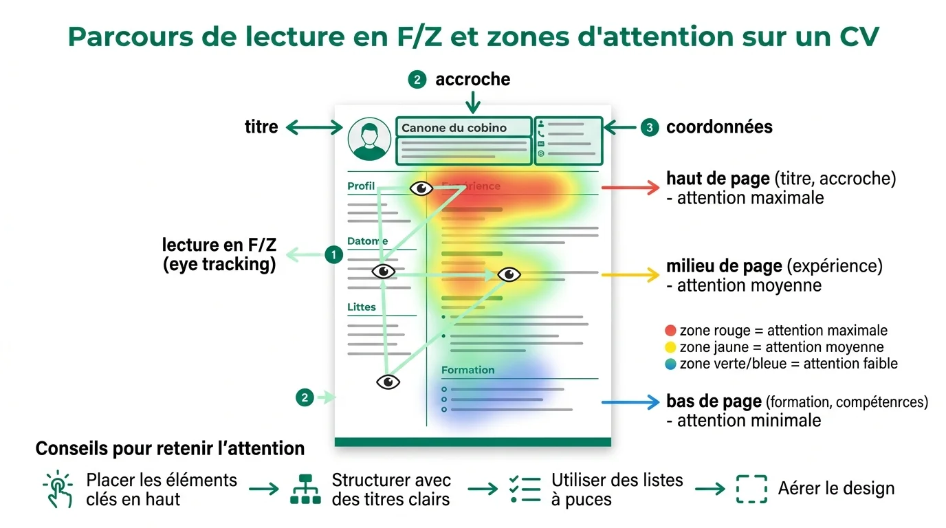 Parcours de lecture en F/Z et zones d'attention sur un CV