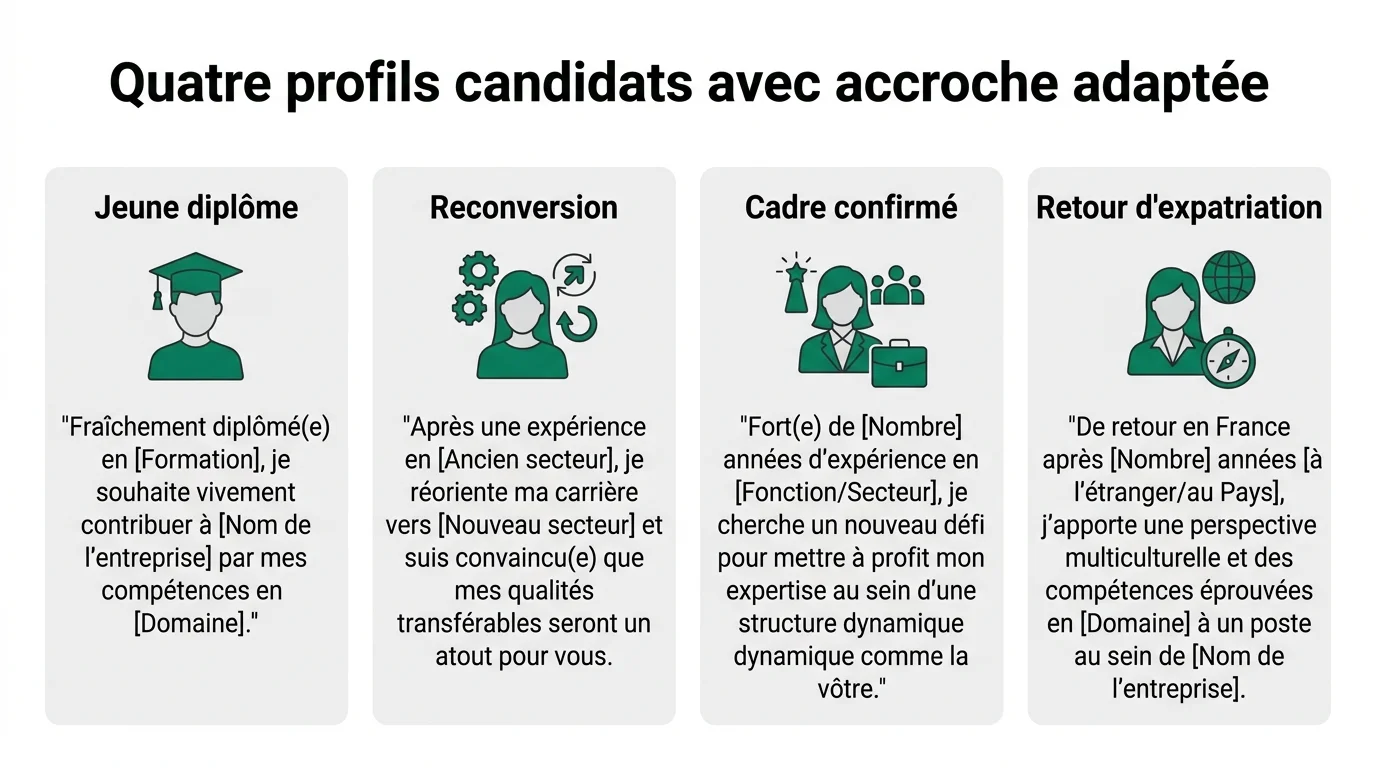 Quatre profils candidats avec accroche adaptée