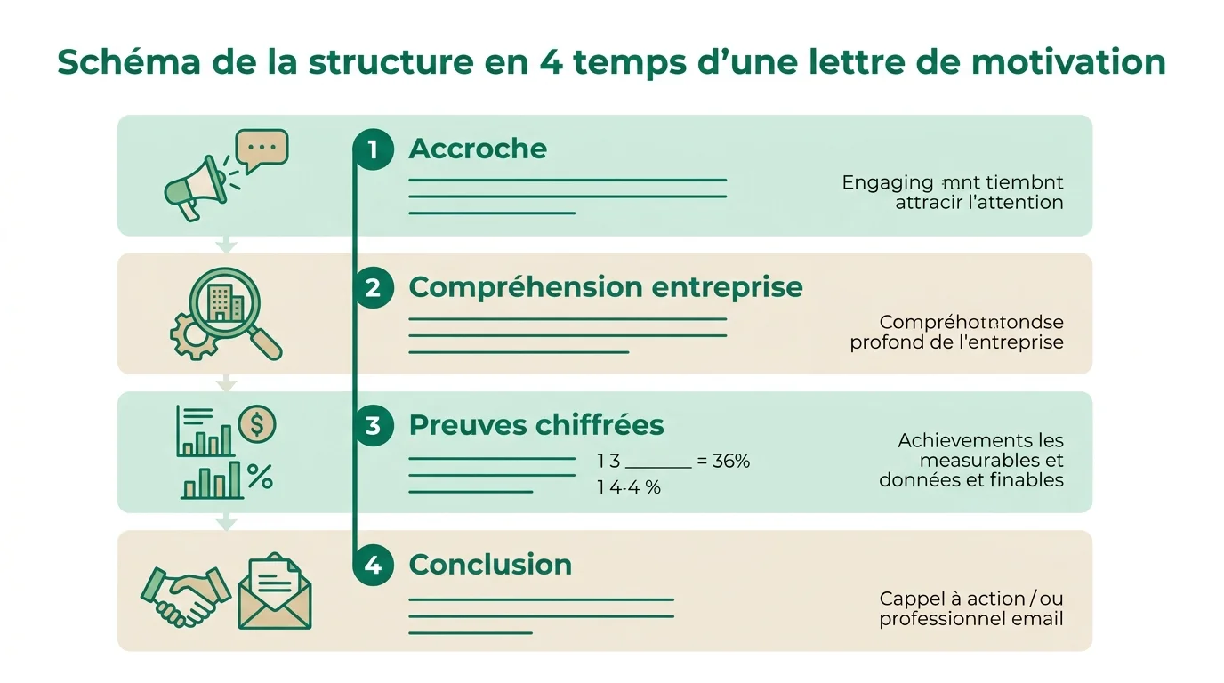 Schéma de la structure en 4 temps d'une lettre de motivation