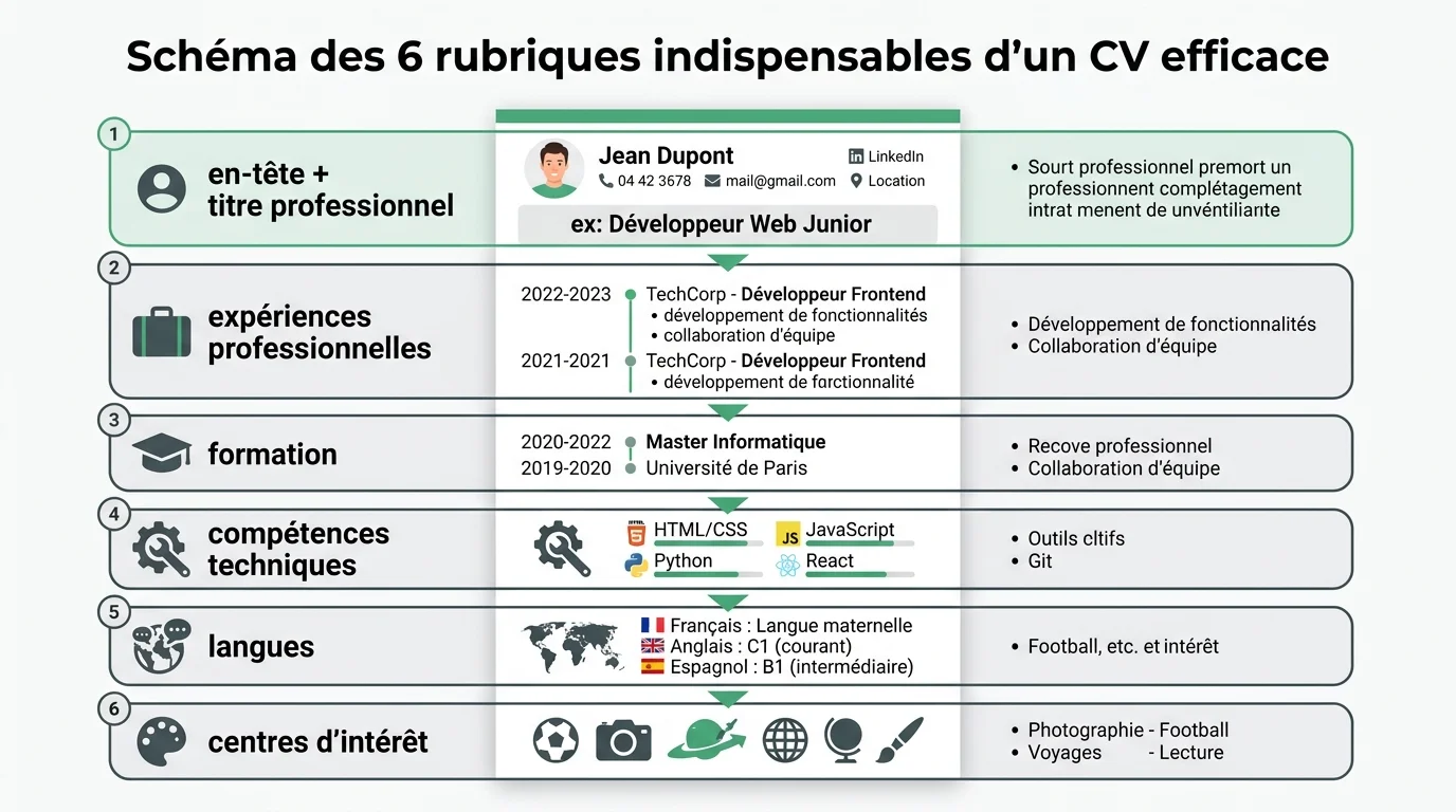 Schéma des 6 rubriques indispensables d'un CV efficace