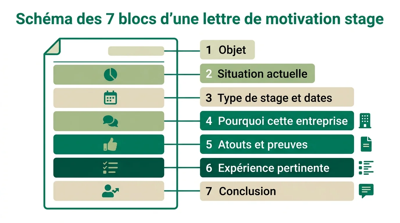 Schéma des 7 blocs d'une lettre de motivation stage