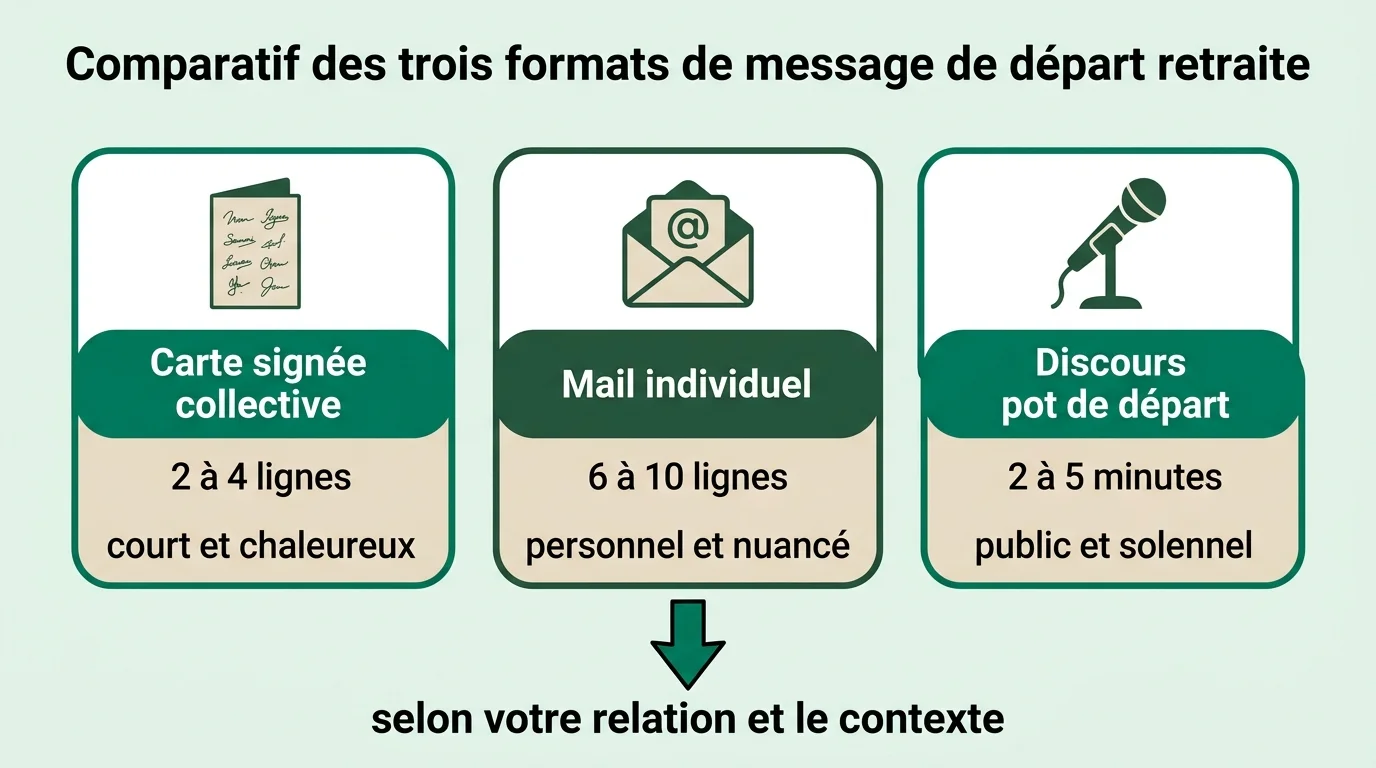 Comparatif des trois formats de message de départ retraite