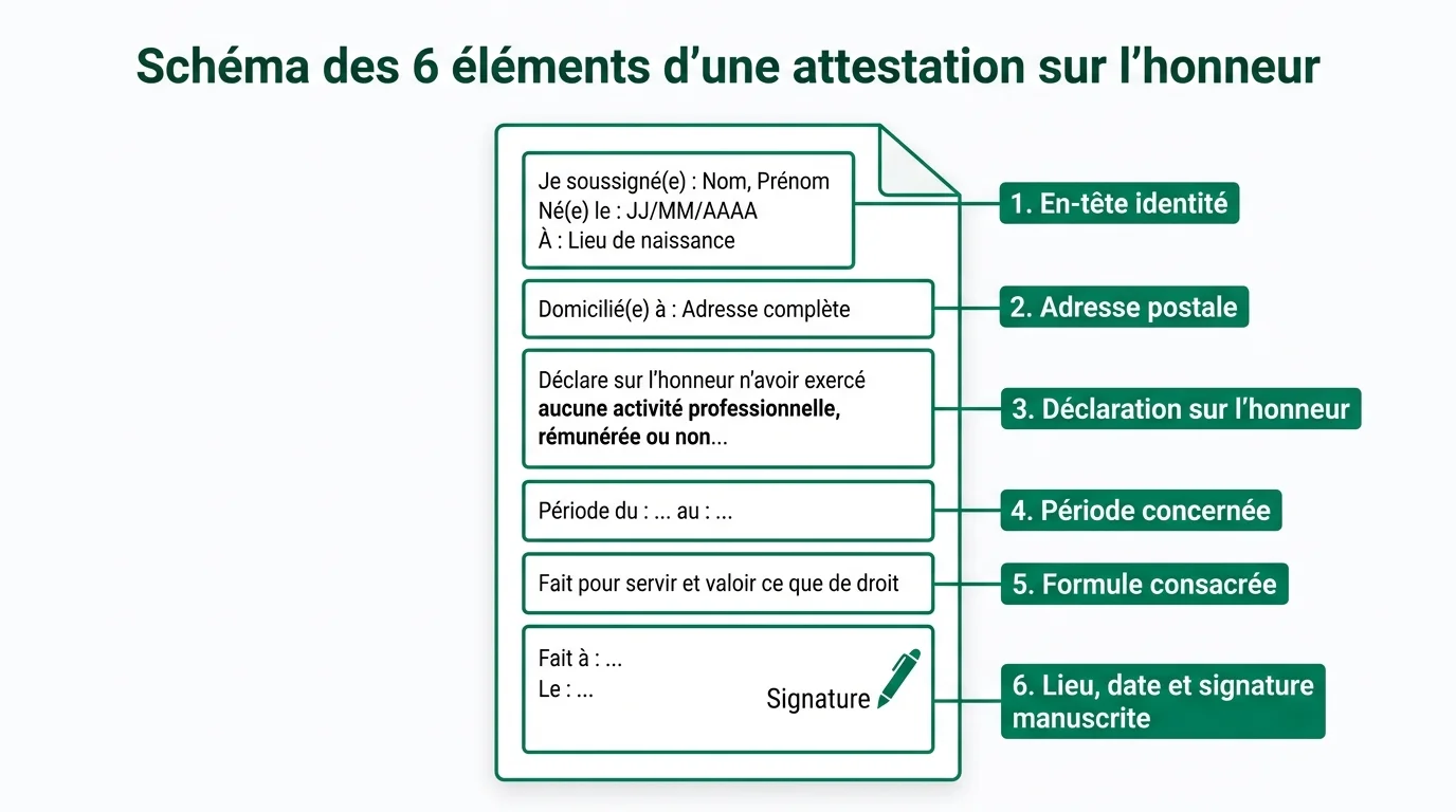 Schéma des 6 éléments d'une attestation sur l'honneur