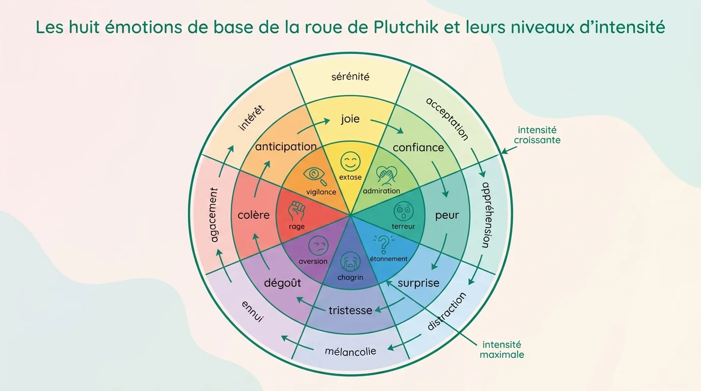 Les huit émotions de base de la roue de Plutchik et leurs niveaux d'intensité