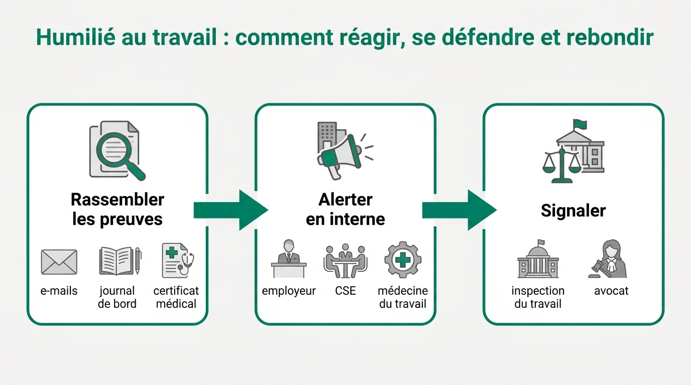 Schéma des étapes pour se défendre : preuves, alliés internes, signalement