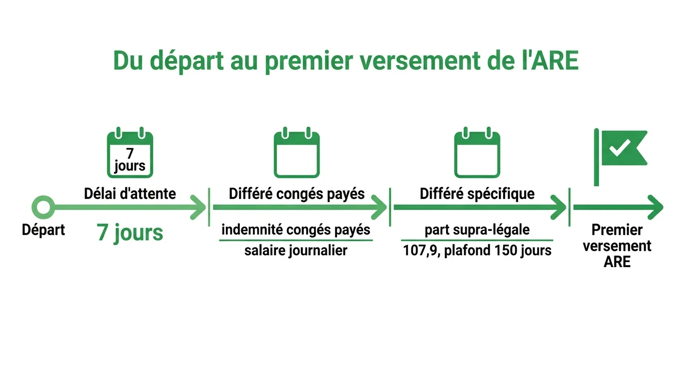 Chronologie des trois delais avant le premier versement de l'ARE