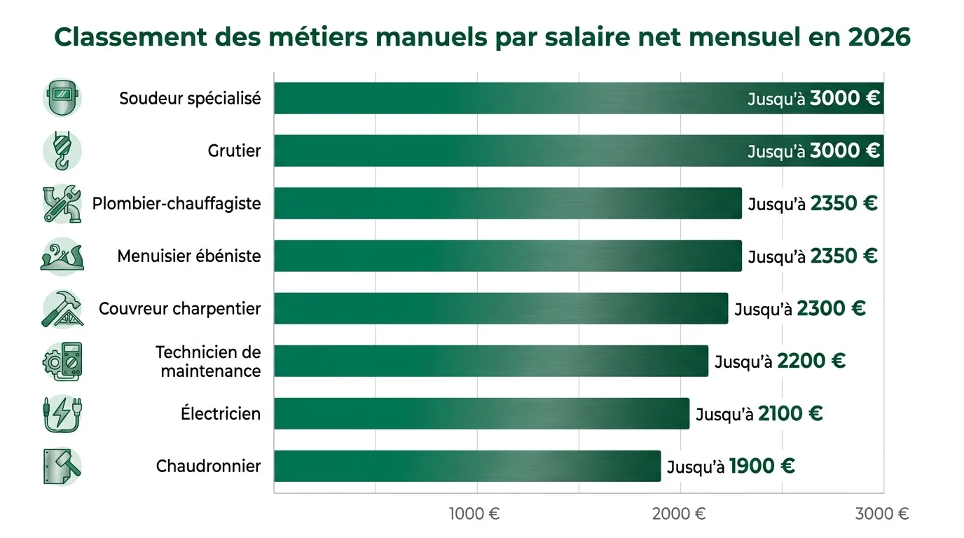 Classement des métiers manuels par salaire net mensuel en 2026
