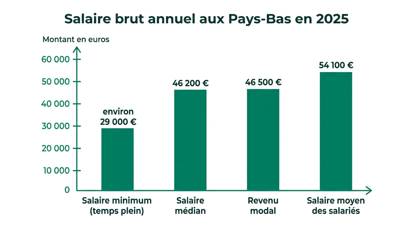 Comparaison du salaire minimum, médian, modal et moyen aux Pays-Bas en 2025