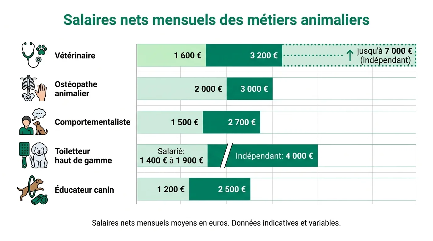 Comparatif des salaires nets mensuels des cinq métiers animaliers