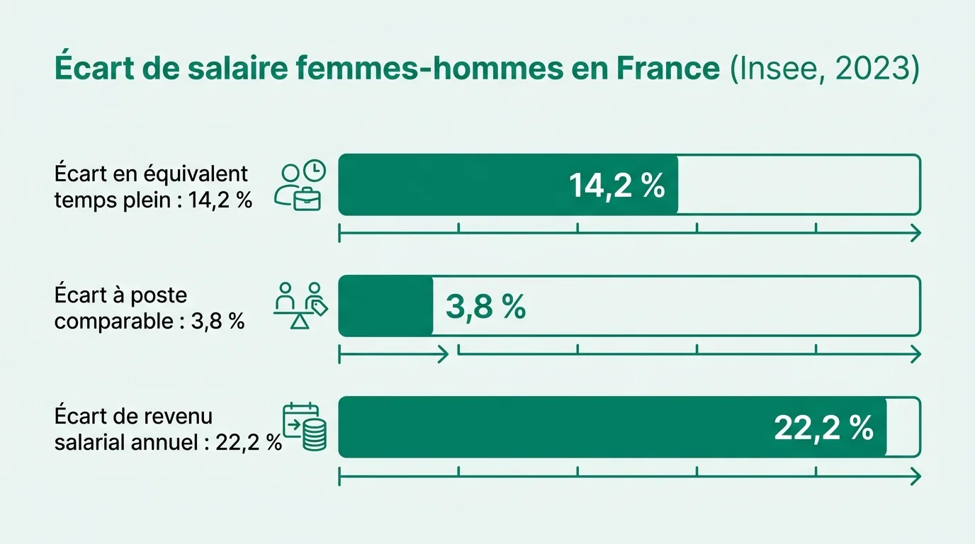 Écart de salaire femmes-hommes en France selon l'Insee (2023)