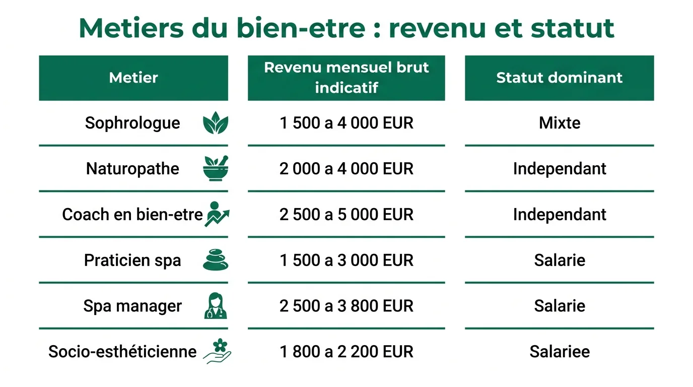 Revenu mensuel et statut dominant par métier du bien-être