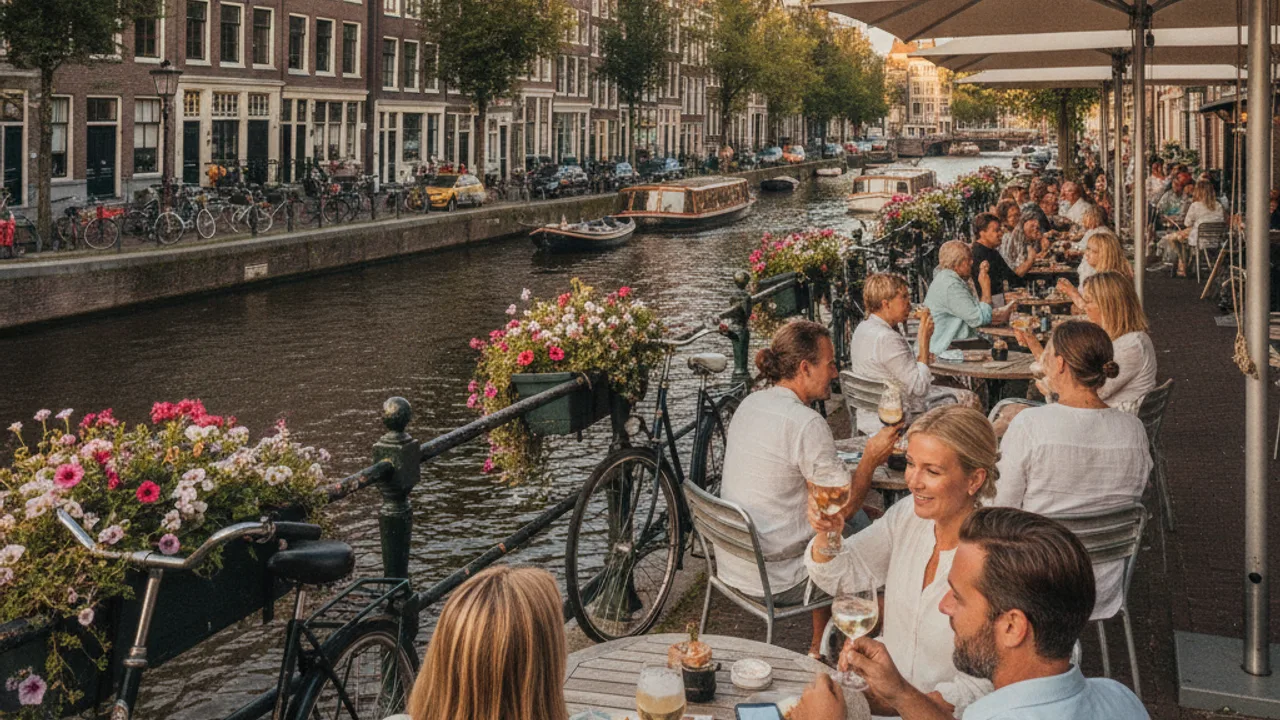 Terrasse le long d'un canal d'Amsterdam au printemps