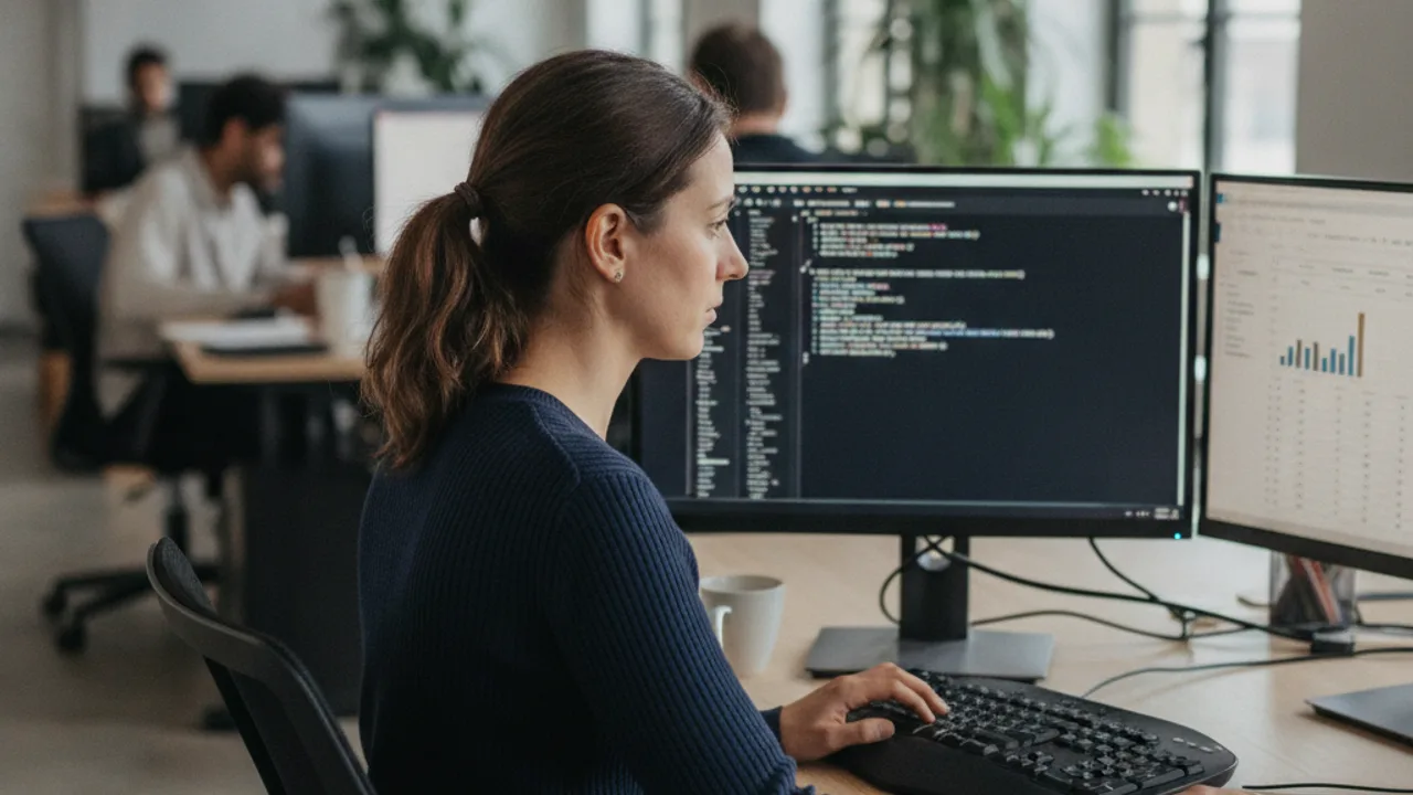 Une développeuse au travail dans un open space